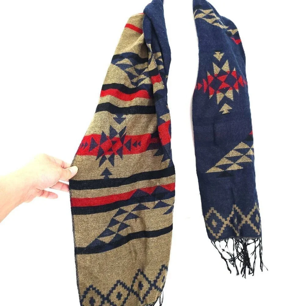 Vintage Navajo Aztec Wool Blend Navy Red Scarf Wrap 80 x 13